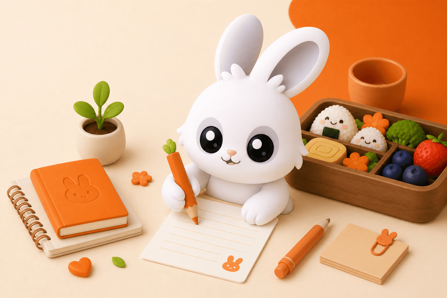 Bento Bunny journaling food entries with a carrot pencil beside an orange notebook and a bento box