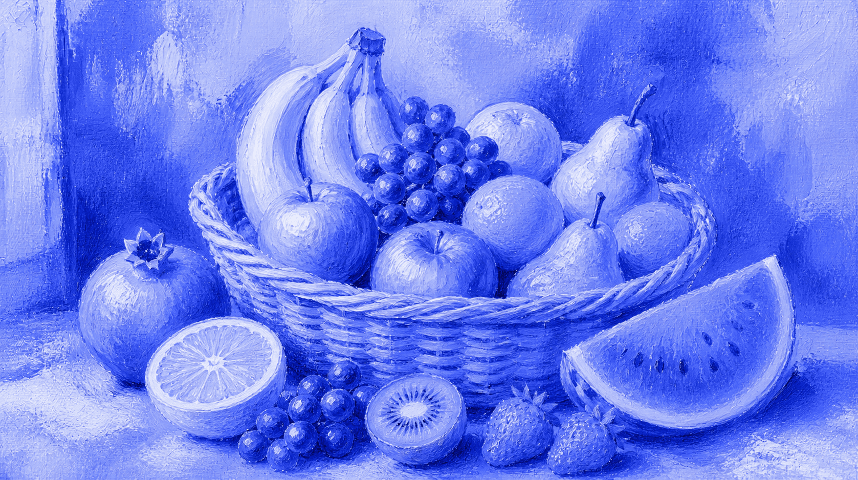 Painterly basket of mixed fresh fruit — symbolising the nutrient-dense variety Cronometer is built around