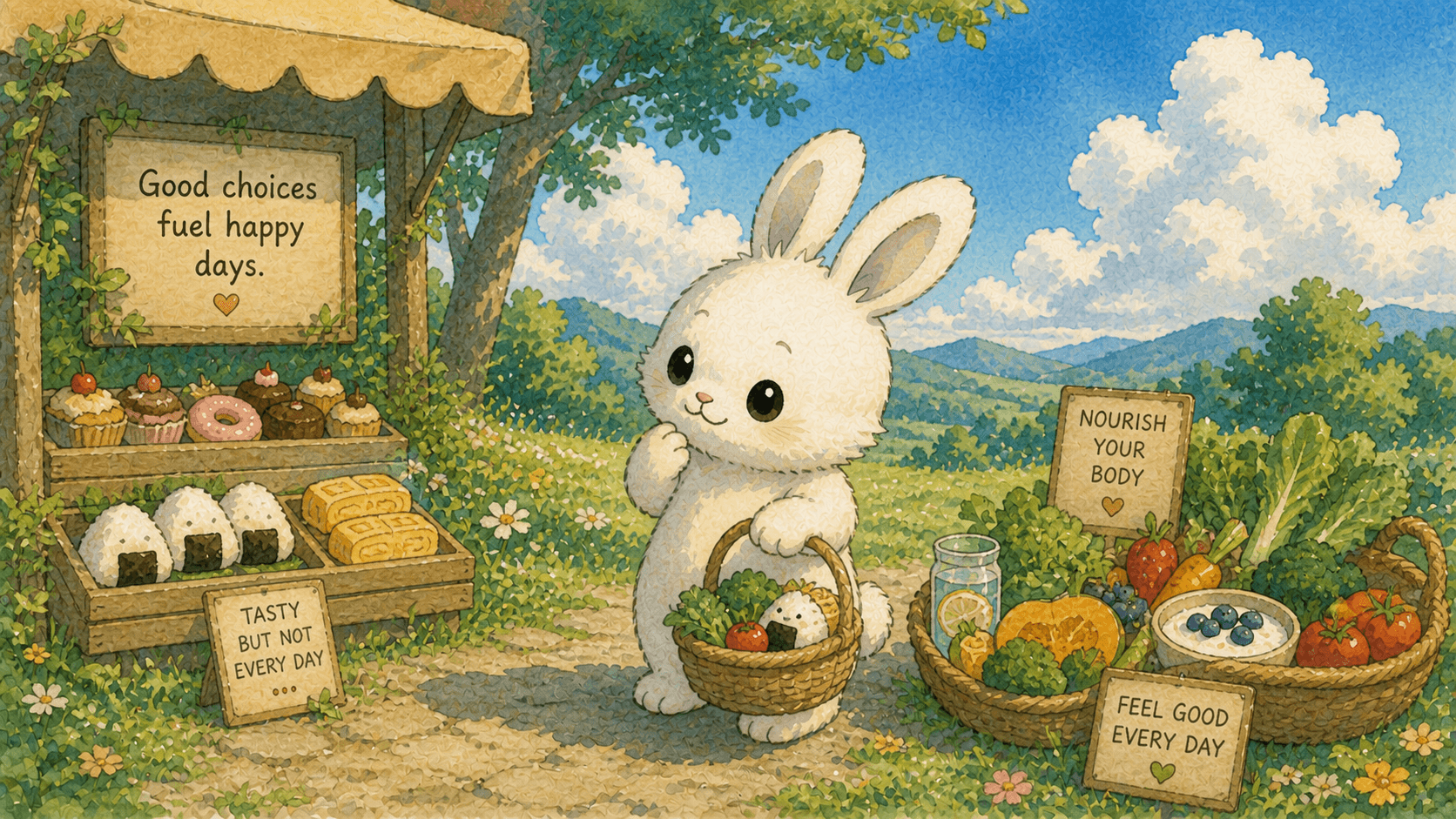 Bento Bunny choosing balanced foods at the market — macros that match how you actually eat