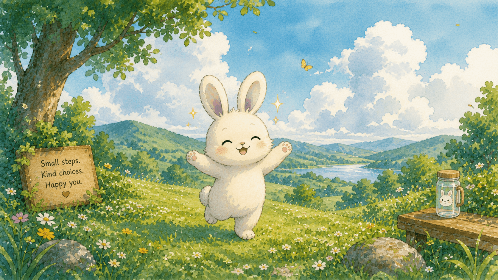 Cheerful Bento Bunny celebrating in a meadow — small steps, kind choices, happy you