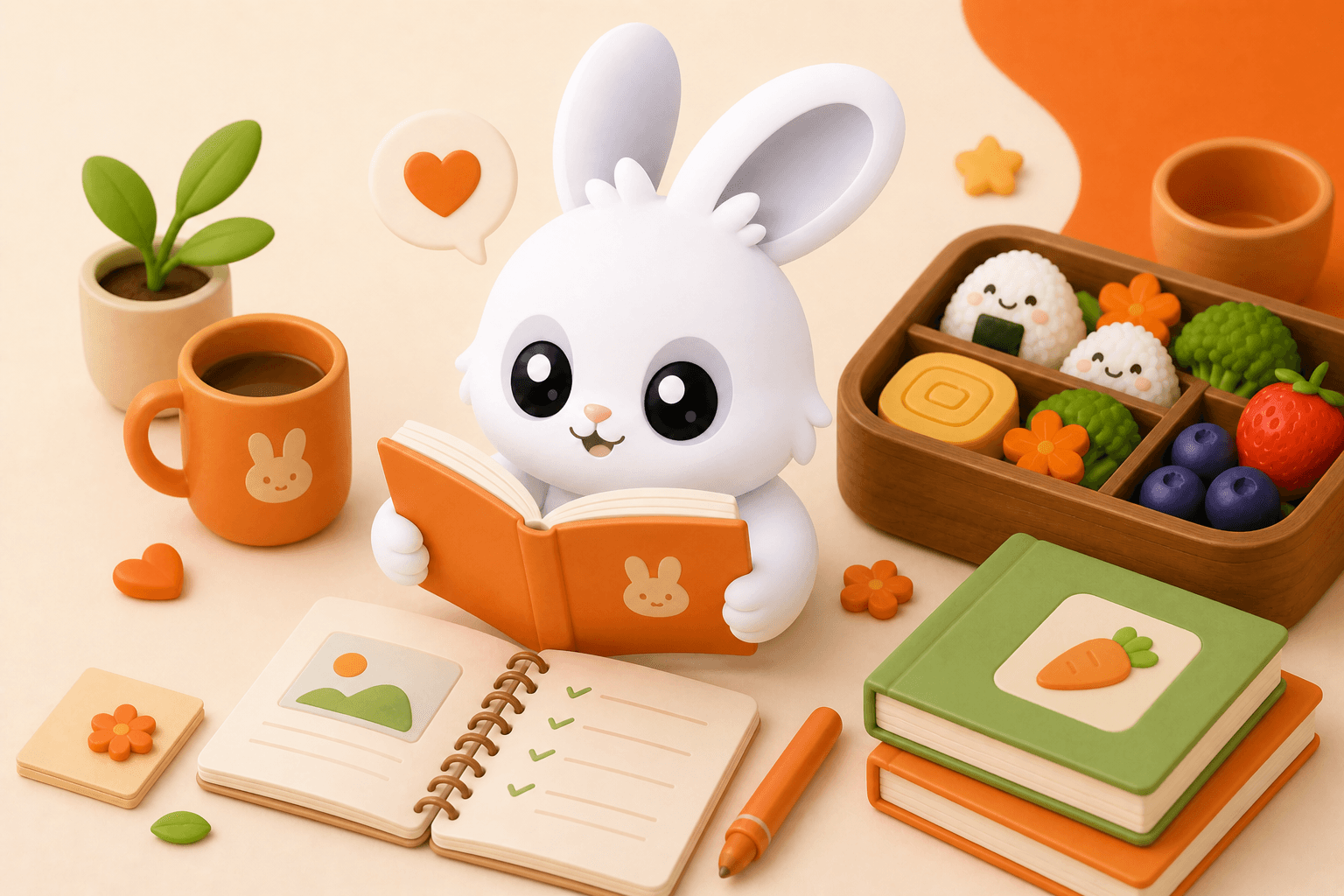 Bento Bunny reading an orange-cover guidebook — your step-by-step migration from MyFitnessPal
