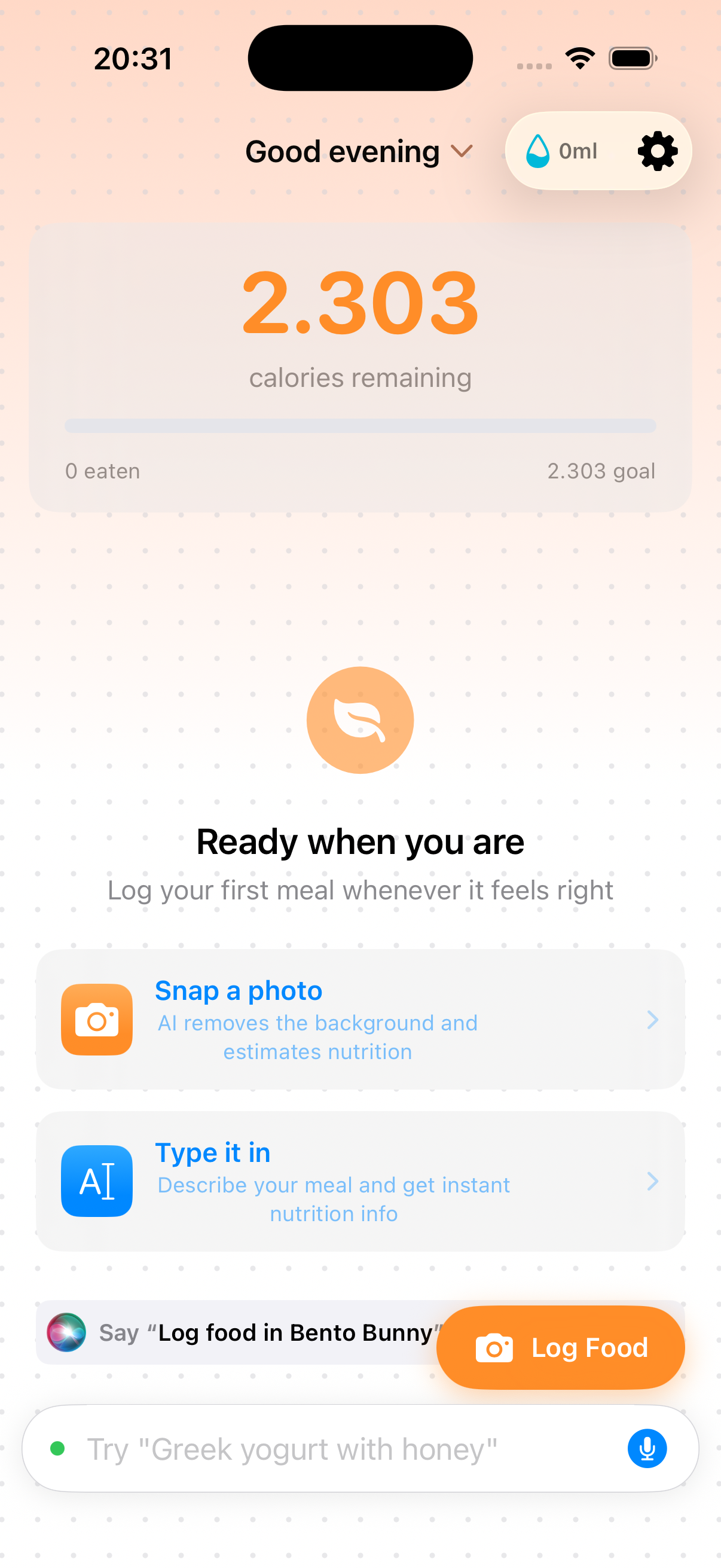 Bento Bunny home screen showing remaining calories and options to log a meal by photo or text