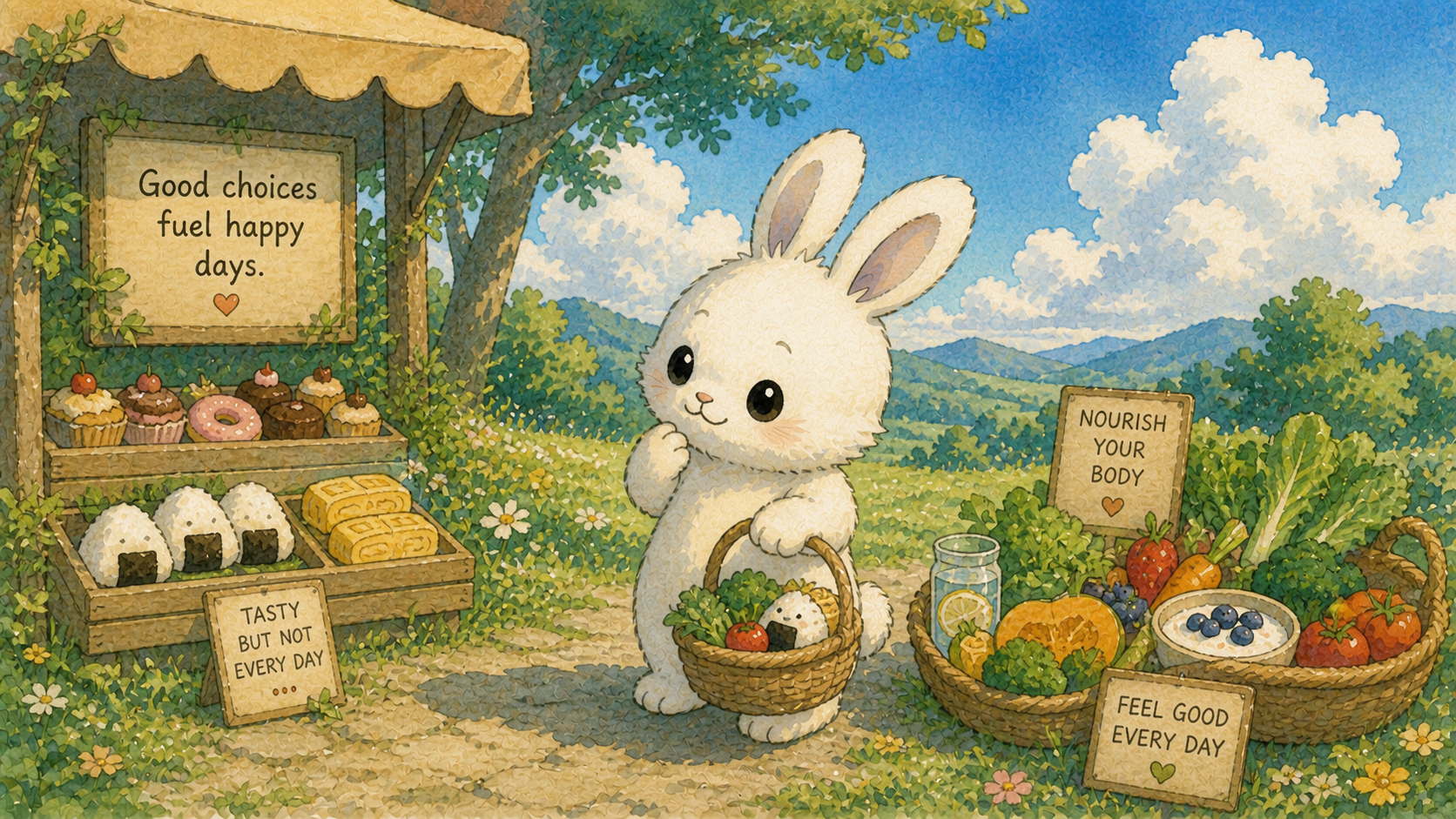 Illustration of the Bento Bunny mascot choosing between treats and fresh food at a market stand