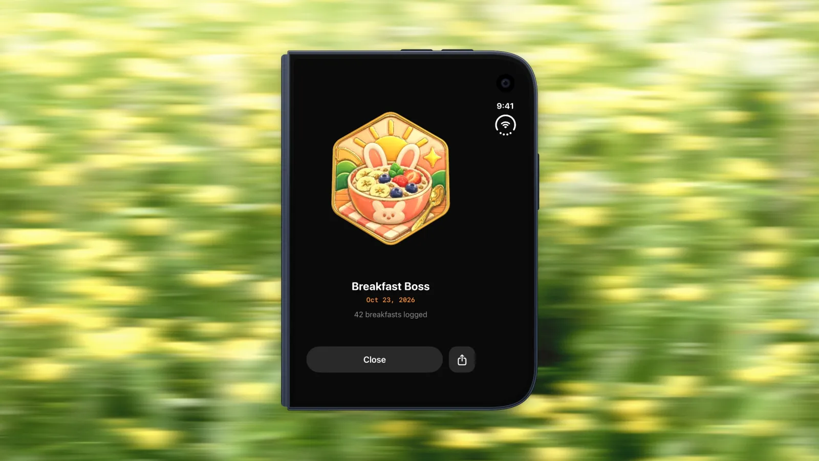 The Breakfast Boss badge unlocked in Bento Bunny on a closed iPhone Duo, with a share button