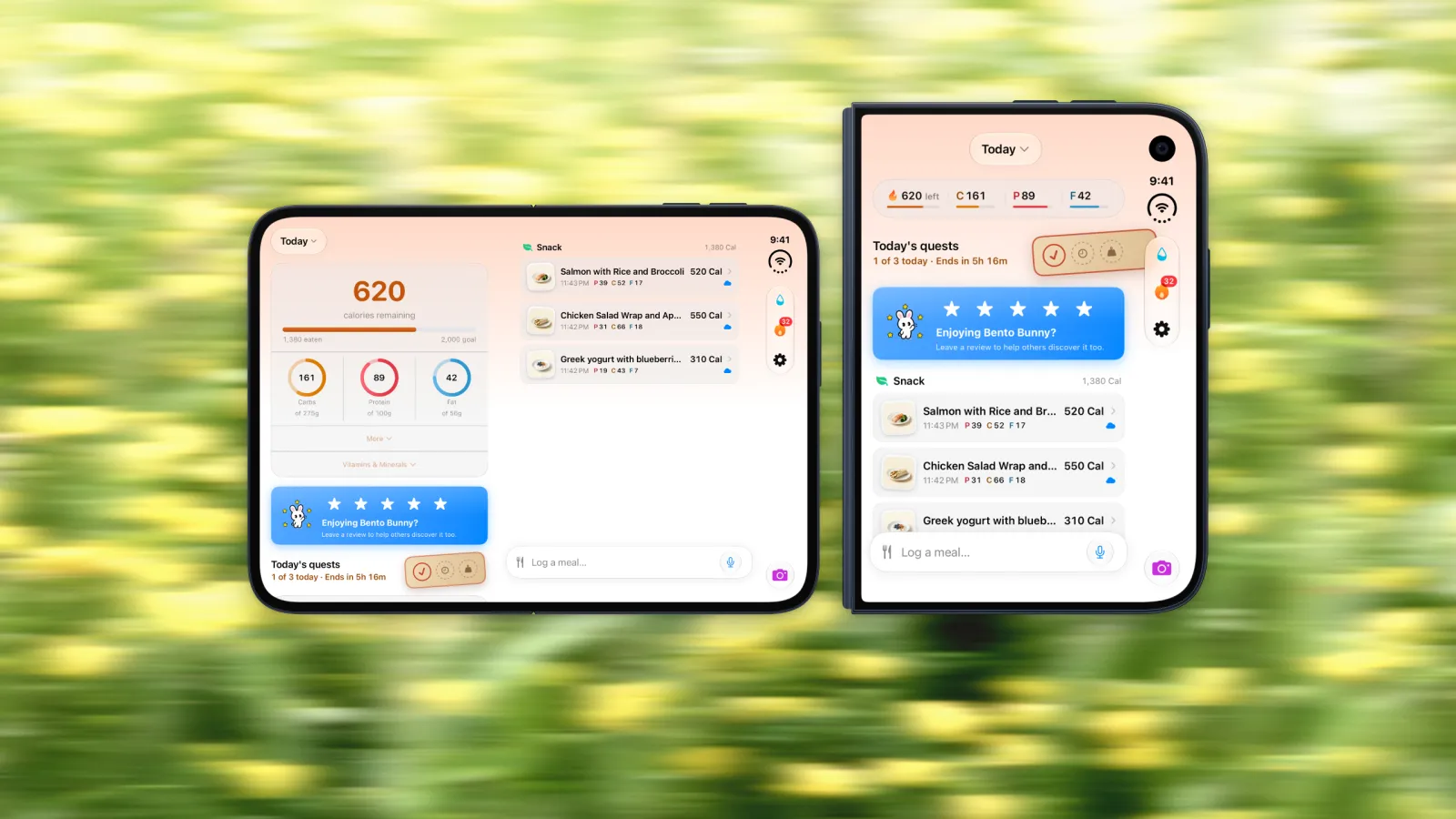 Bento Bunny on iPhone Duo, open with a two column dashboard and closed with a compact macro bar and meal list